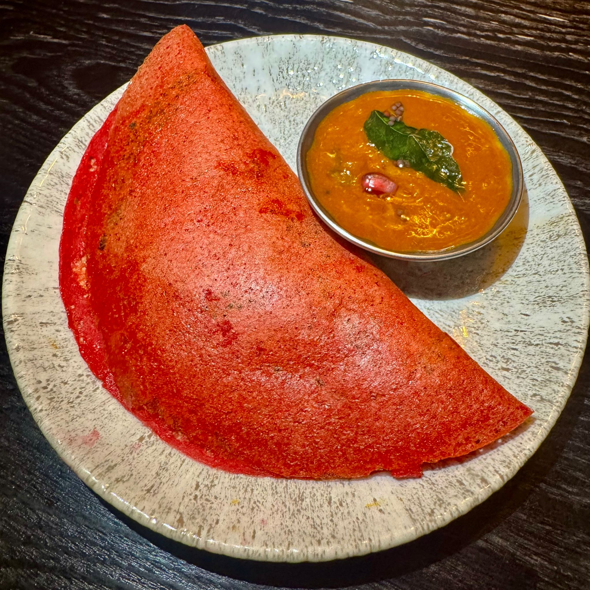 Mini broccoli masala dosa with beetroot pancake and sambhar at Kerala Canteen Leeds