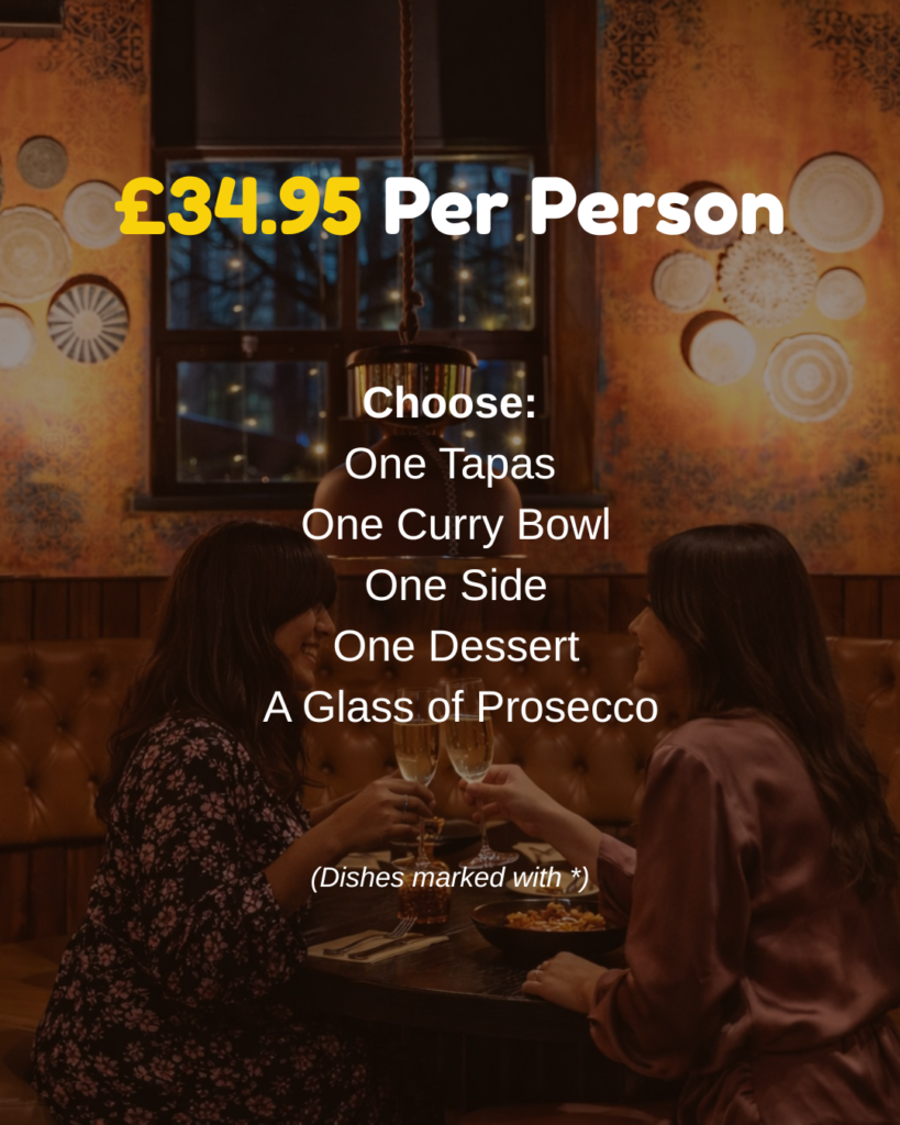 Mother’s Day set tasting menu at Kerala Canteen Leeds featuring South Indian tapas, curry bowl, dessert and prosecco.