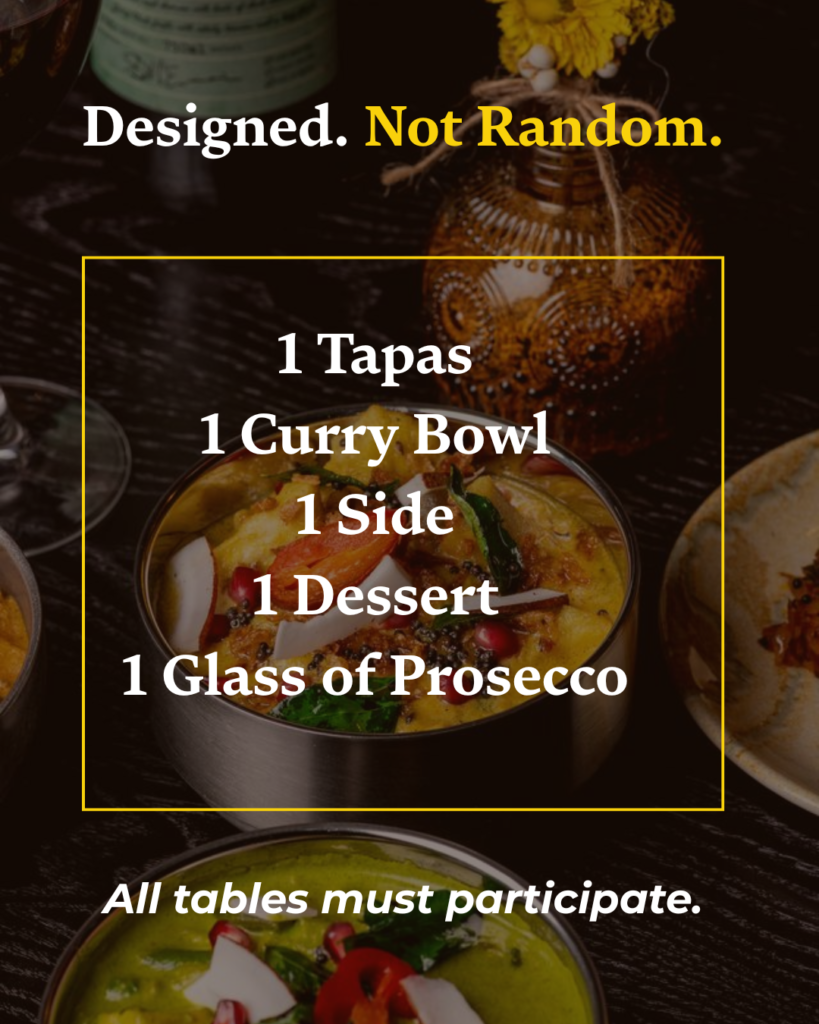 Tasting set menu at Kerala Canteen Leeds featuring South Indian tapas, curry bowl, dessert and prosecco.