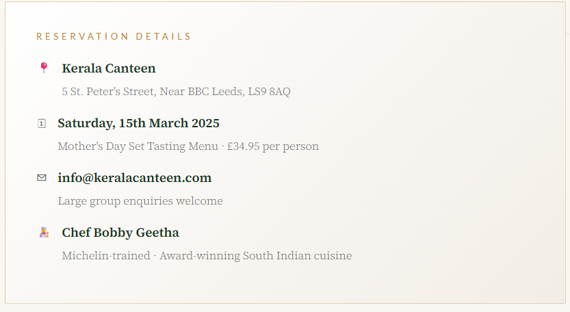 Kerala Canteen's Reservation Details for Mother's Day