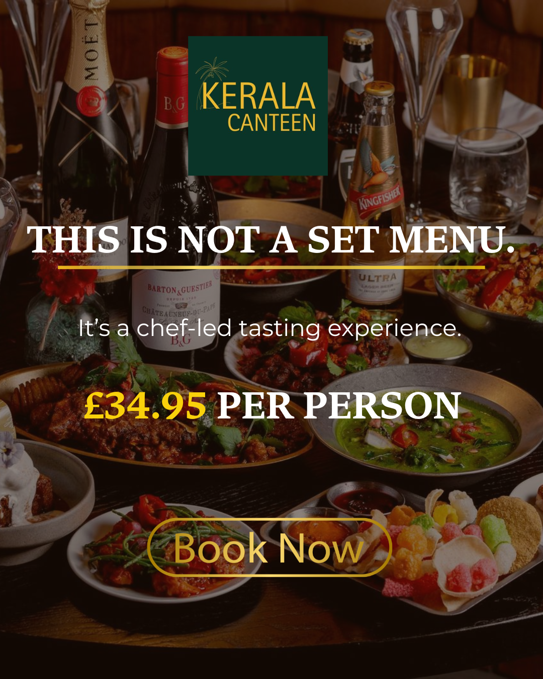Tasting set menu at Kerala Canteen Leeds featuring South Indian tapas, curry bowl, dessert and prosecco.
