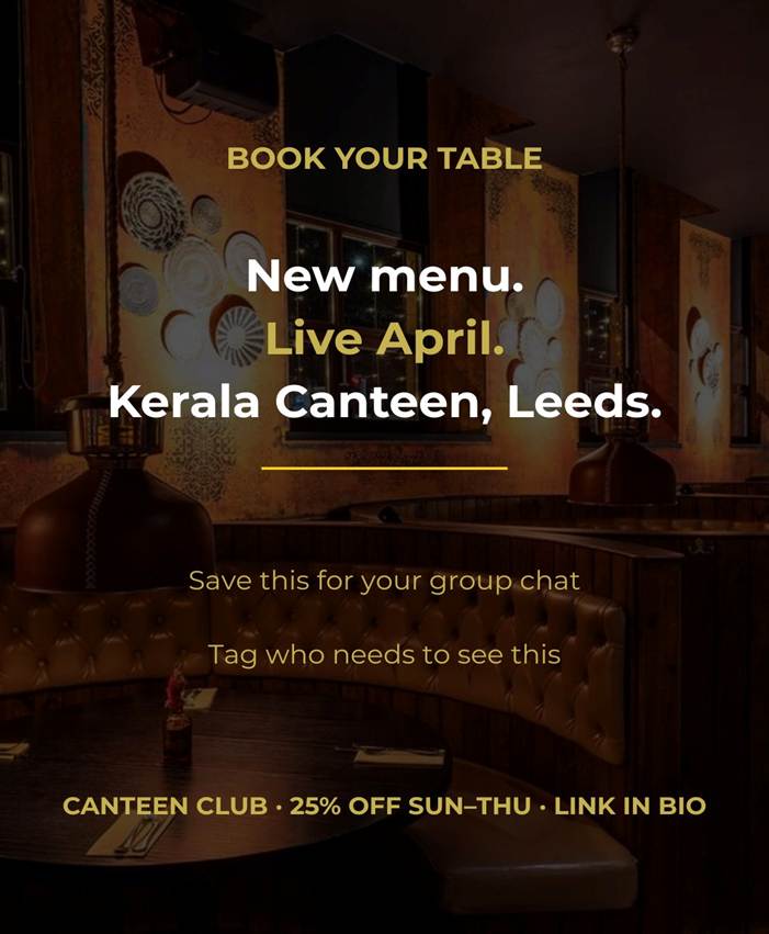 Kerala Canteen Leeds booking call to action - new spring summer menu