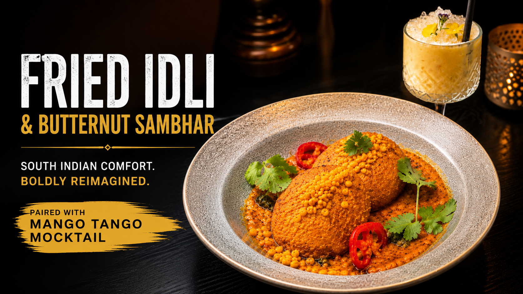 Crispy fried idli served in rich butternut sambhar with Mango Tango mocktail at Kerala Canteen Leeds
