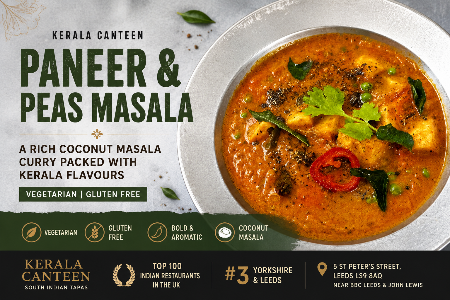 Paneer and peas masala in rich coconut curry at Kerala Canteen Leeds
