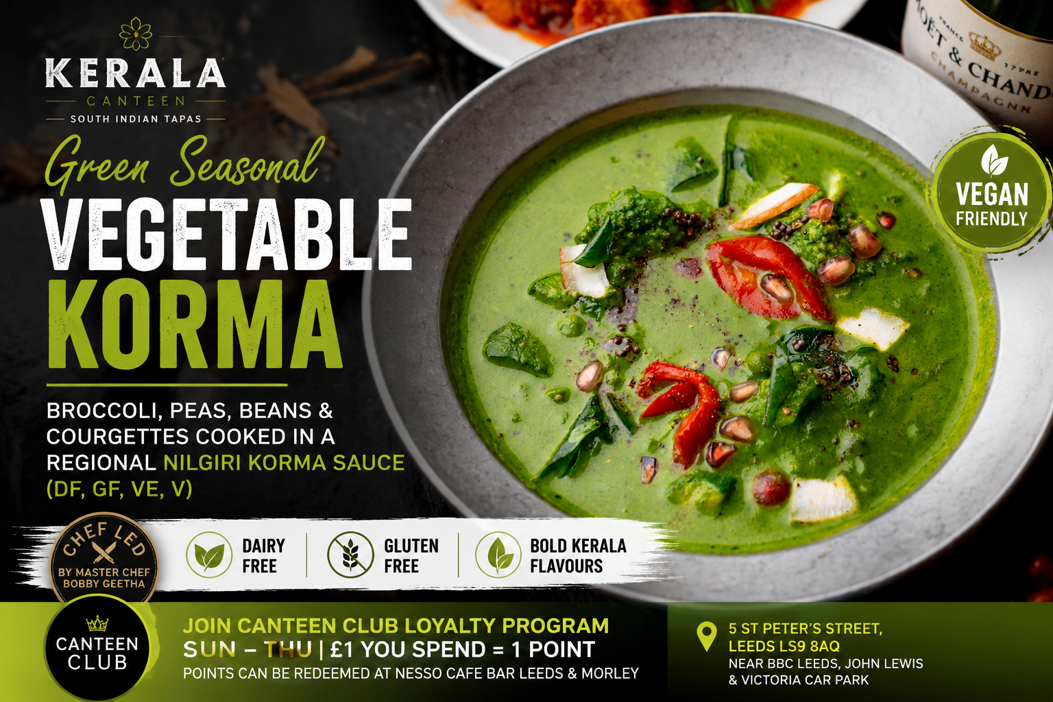 Green Seasonal Vegetable Korma at Kerala Canteen Leeds with broccoli peas beans and courgettes in Nilgiri Kerala sauce