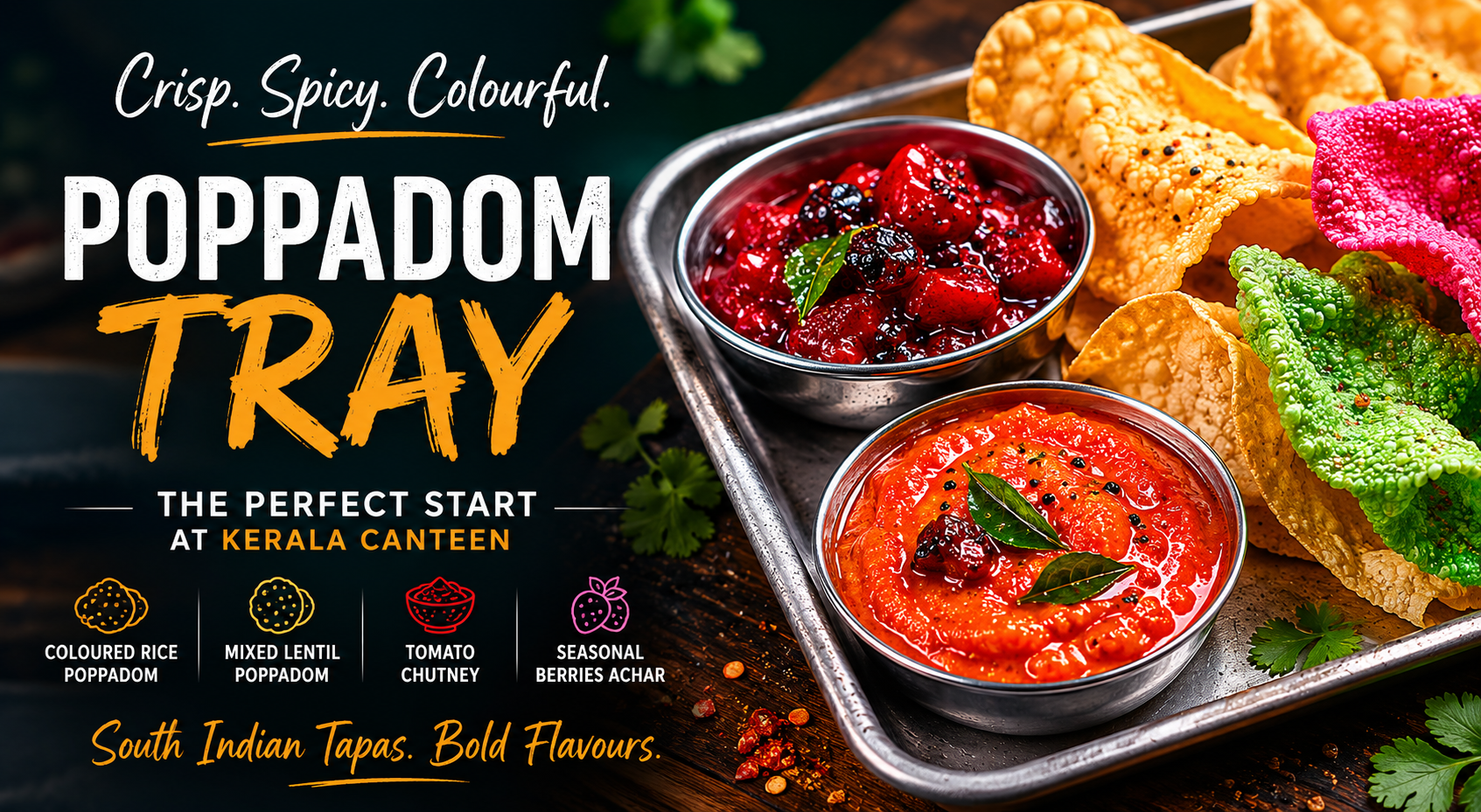 Poppadom Tray at Kerala Canteen Leeds with coloured rice poppadom, lentil poppadom, tomato chutney and seasonal berries achar