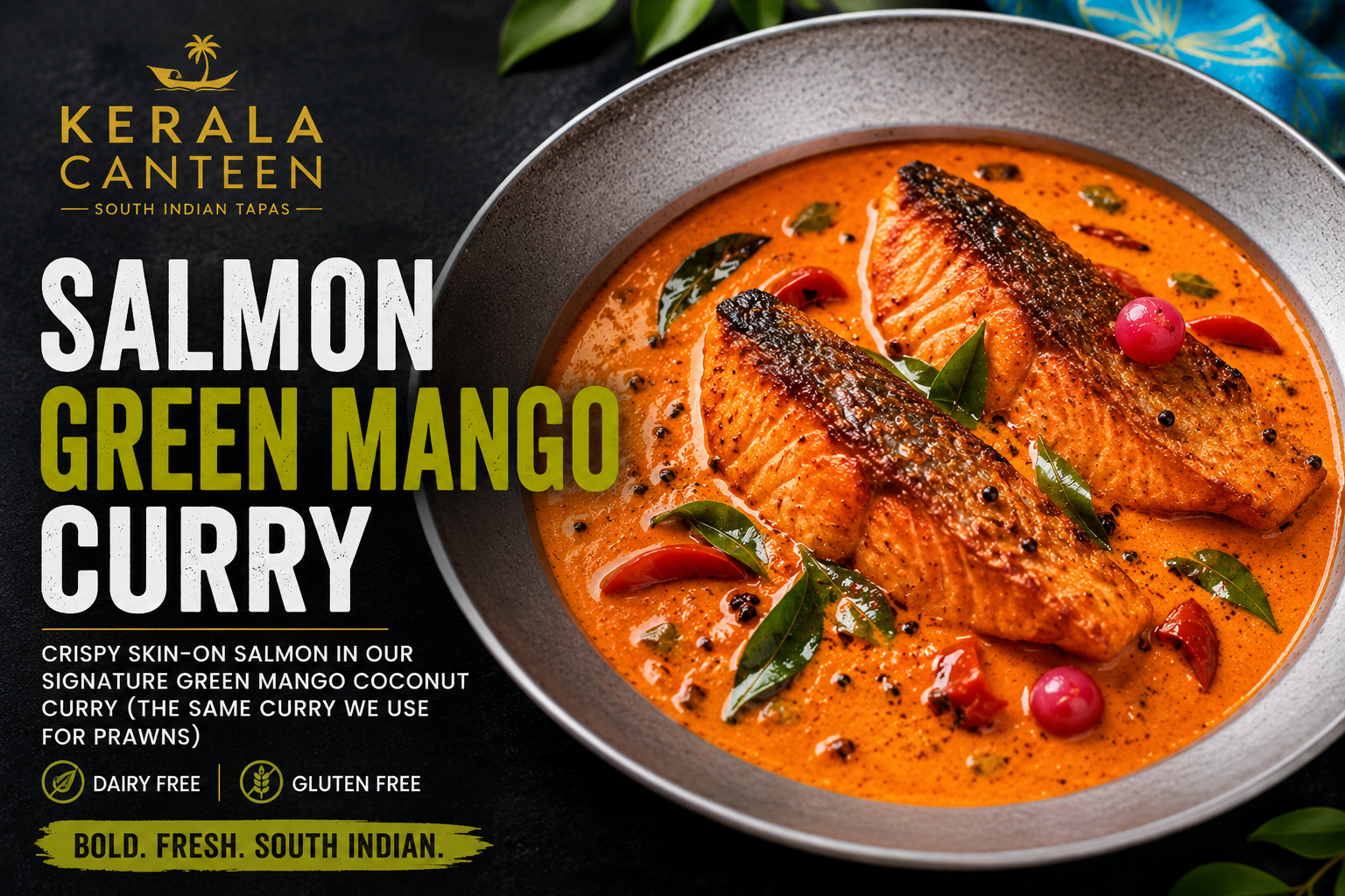 Skin-on salmon served in green mango coconut curry at Kerala Canteen Leeds