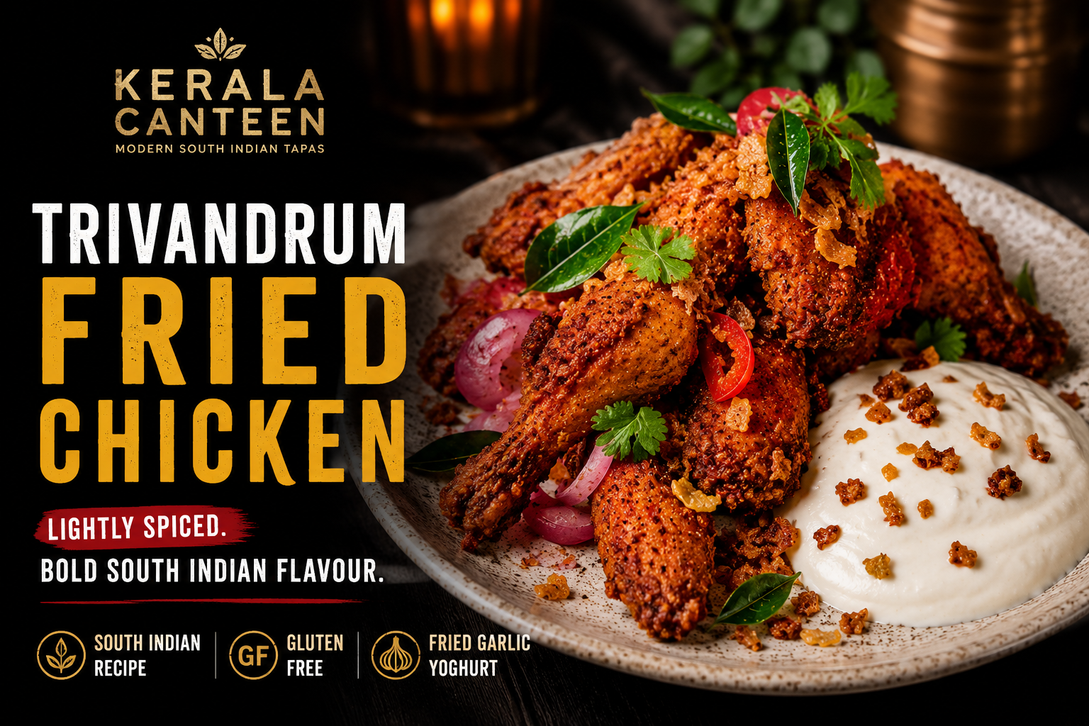 Trivandrum Fried Chicken at Kerala Canteen Leeds served with fried garlic yoghurt and South Indian spices Additional Alt Text Variations