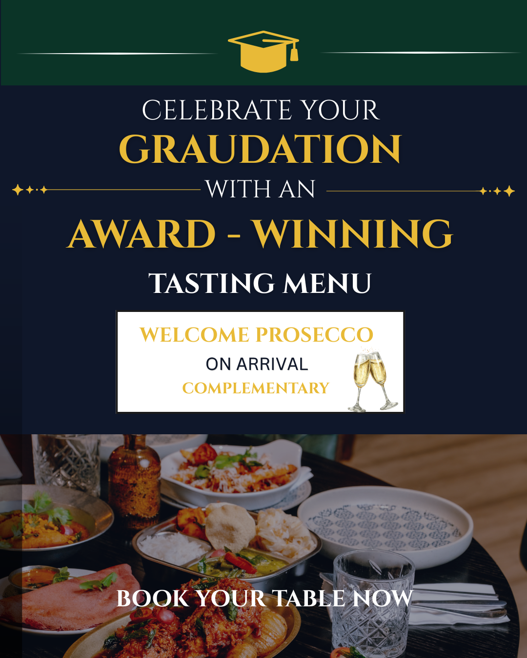 Graduates celebrating with award-winning tasting menu and complimentary prosecco at Kerala Canteen in Leeds city centre.